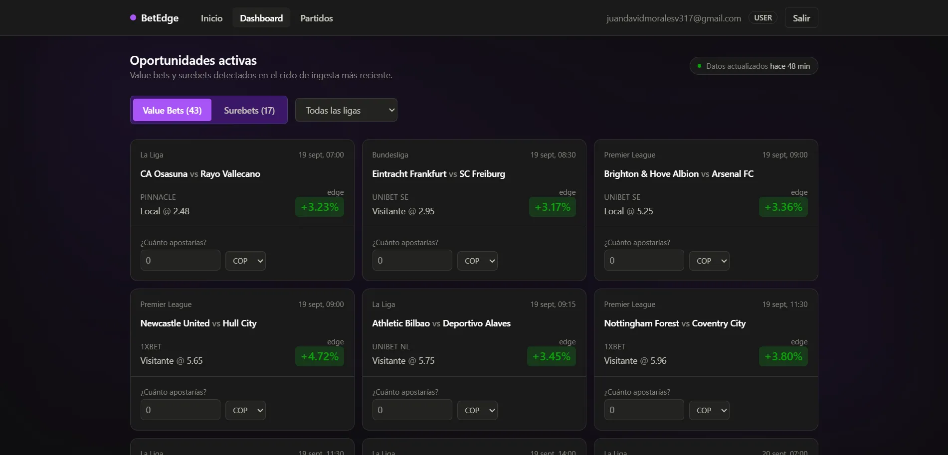 Dashboard de BetEdge mostrando value bets y surebets activos