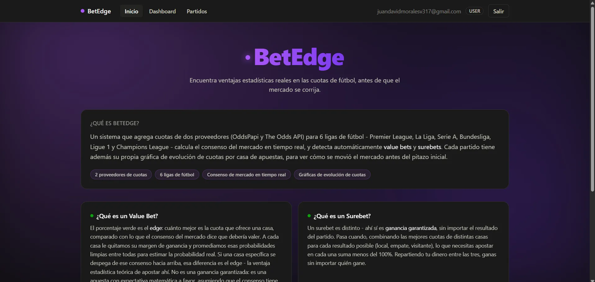 Página de inicio de BetEdge explicando qué hace la plataforma