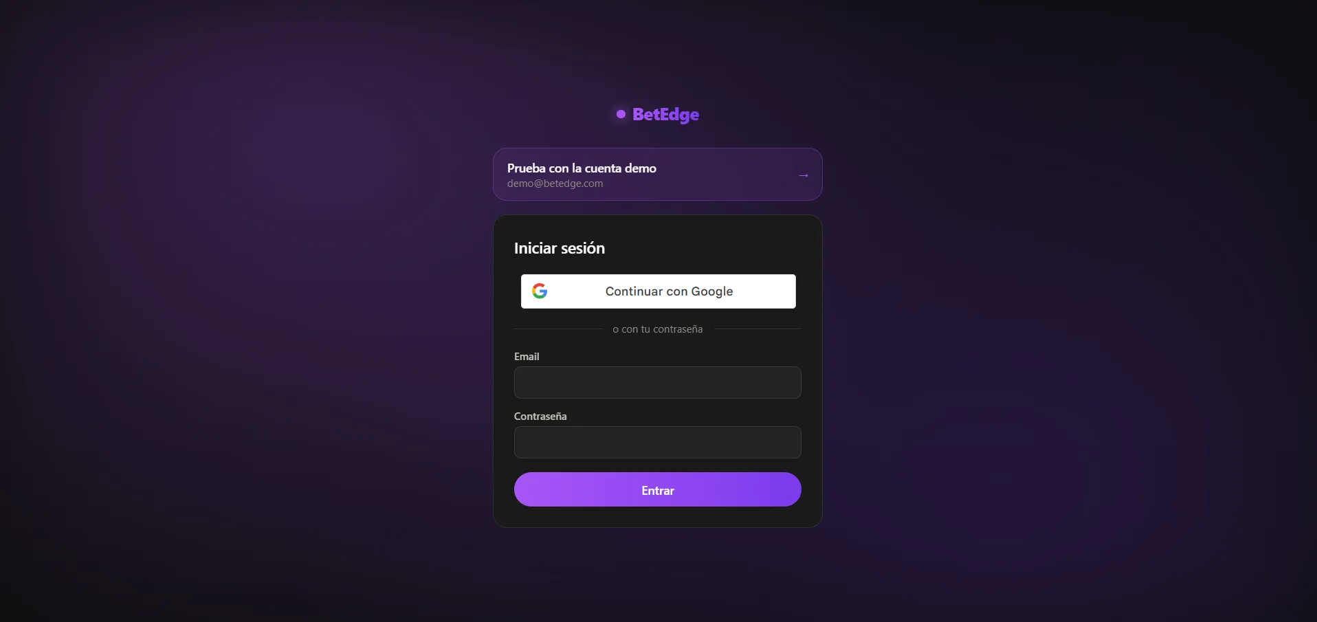 Pantalla de inicio de sesión de BetEdge